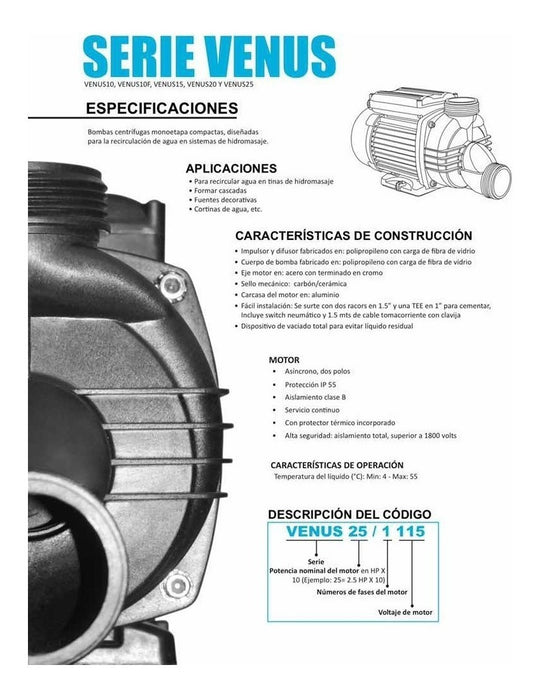Bomba de Agua para Jacuzzi Serie Venus de 1 a 2.5 Hp, Aquapak