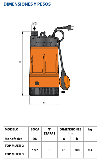 Bomba de Agua Eyectora para Drenaje Serie Top Multi de 0.5 a 1 Hp, Pedrollo
