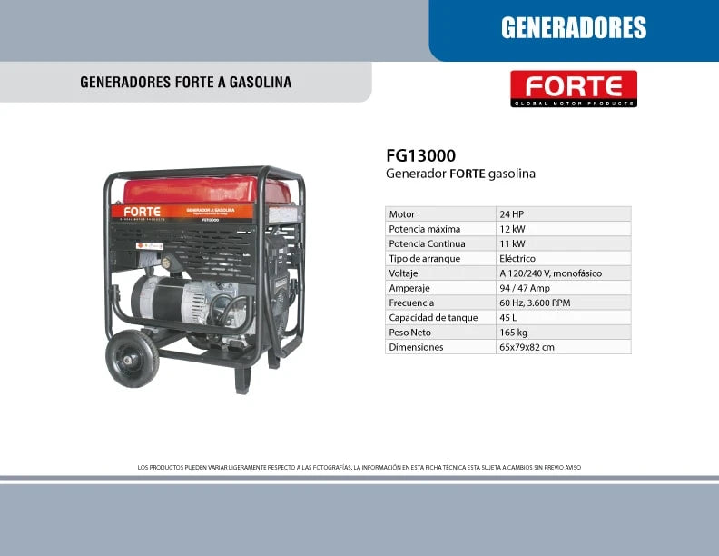 Planta Eléctrica a Gasolina Monofásica de 12 kW, Forte