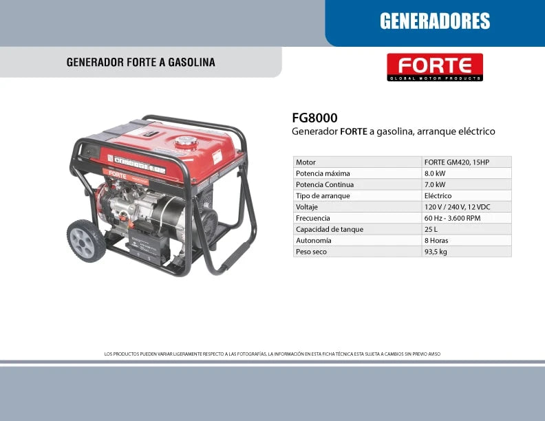 Planta Eléctrica a Gasolina de 8 kW, Forte
