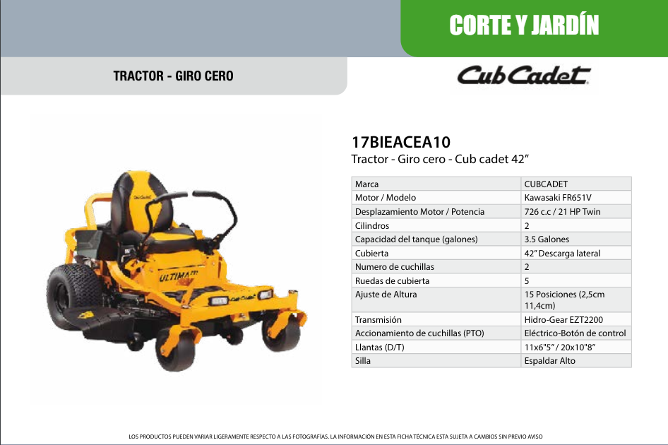 Tractor Cortacésped Giro Cero a Gasolina de 21 Hp, Cub Cadet