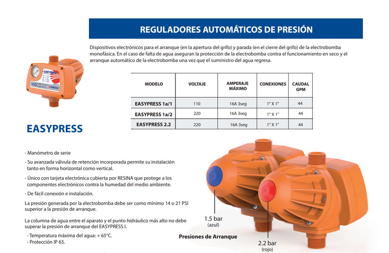 Regulador Electrónico de Presión Serie Easypress de 110 a 220 V, Pedrollo