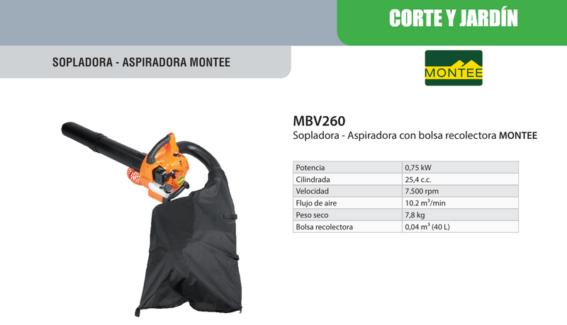 Sopladora y Aspiradora con Bolsa Recolectora de 1 Hp, Montee