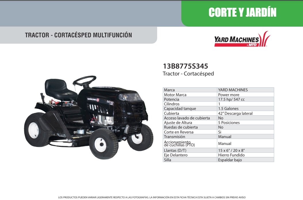 Tractor Cortacesped Multifuncion a Gasolina de 17.5 Hp MTD Pump Stop Online S.A.S