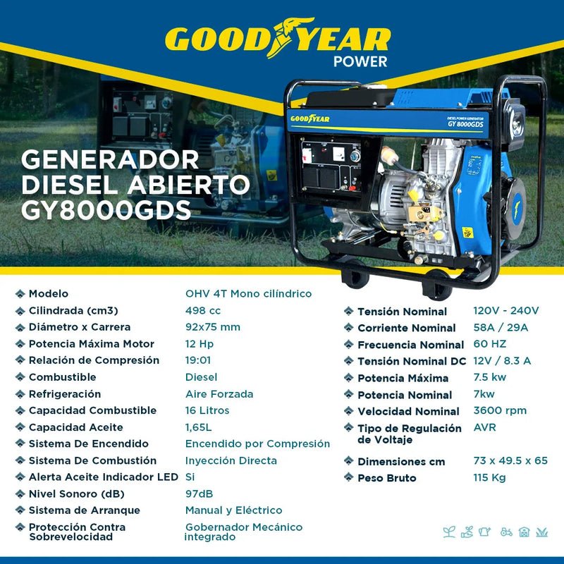 Planta Eléctrica Diésel Arranque Manual y Eléctrico de 7500 W, GOODYEAR