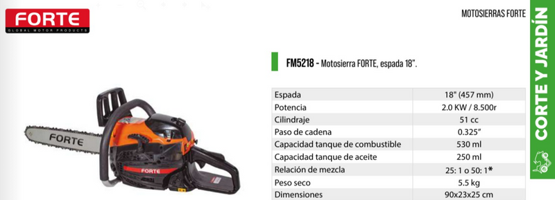 Motosierra a Gasolina de 18 a 22", Forte