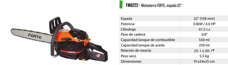 Motosierra a Gasolina de 18 a 22", Forte