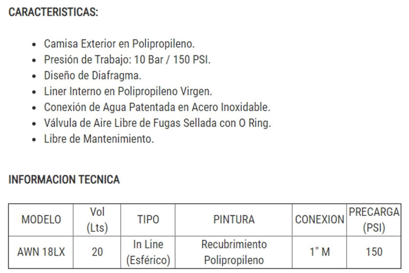 Tanque Hidroneumático de Diafragma en Polipropileno de 18 L, Pearl