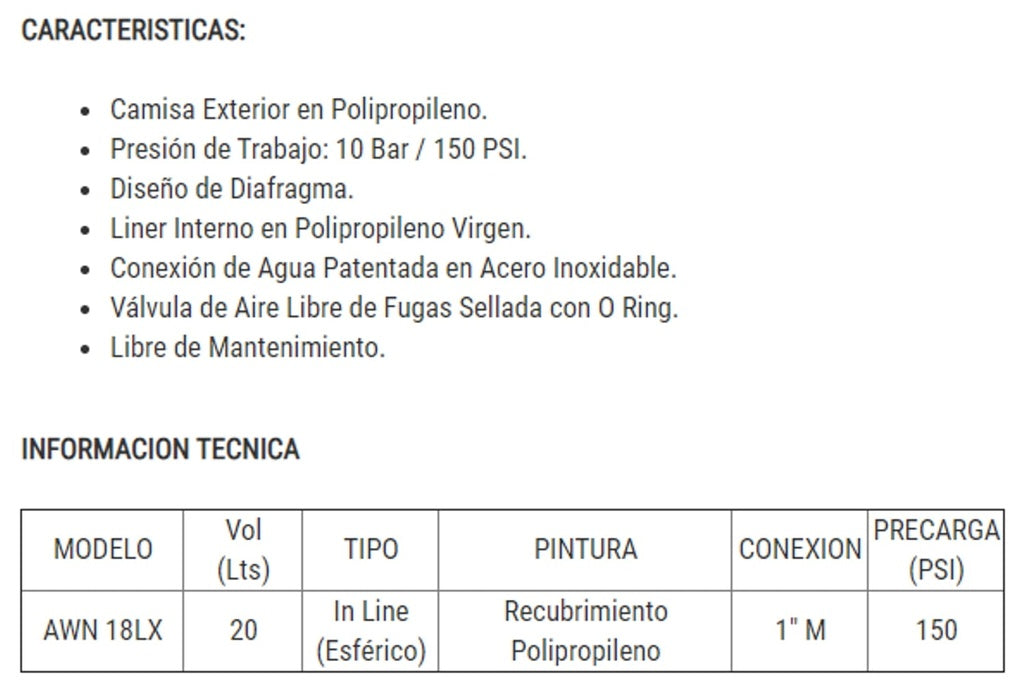 Tanque Hidroneumático de Diafragma en Polipropileno de 18 L, Pearl