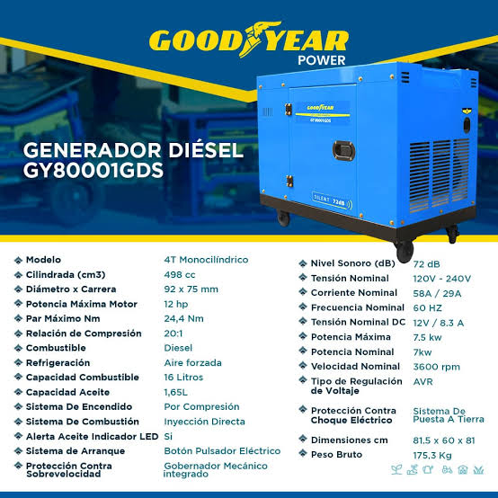 Planta Eléctrica Diésel de 7500 W Cabinada, GOODYEAR