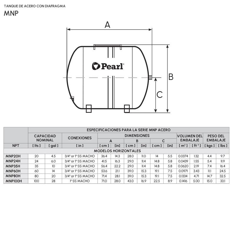 Tanque Hidroneumático Metálico con Diafragma MNP de 8 a 450 Litros, Pearl