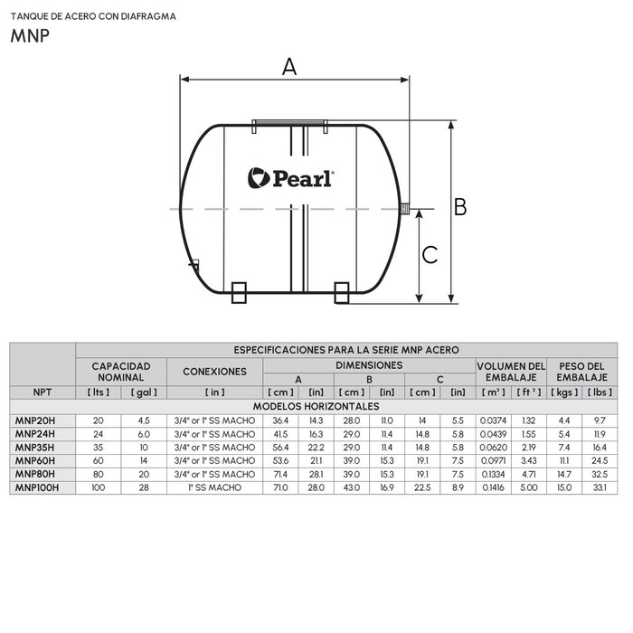 Tanque Hidroneumático Metálico con Diafragma MNP de 8 a 450 Litros, Pearl