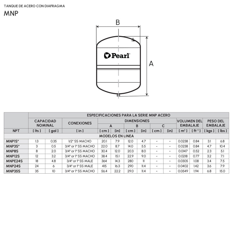 Tanque Hidroneumático Metálico con Diafragma MNP de 8 a 450 Litros, Pearl