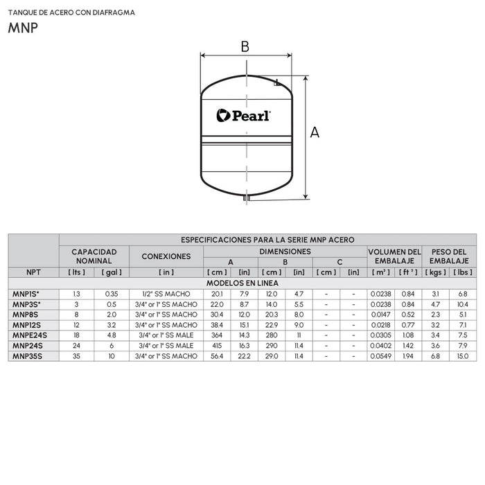 Tanque Hidroneumático Metálico con Diafragma MNP de 8 a 450 Litros, Pearl