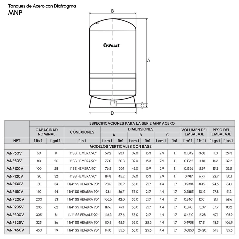 Tanque Hidroneumático Metálico con Diafragma MNP de 8 a 450 Litros, Pearl