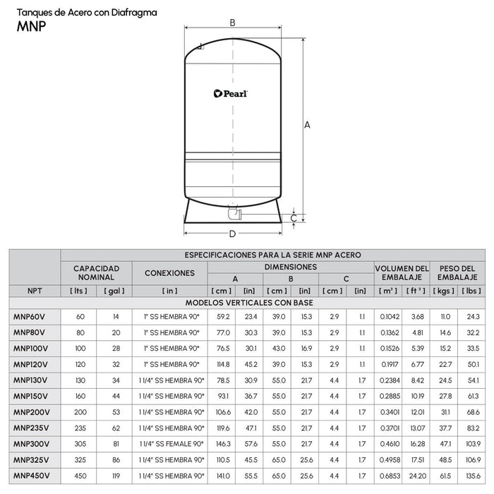 Tanque Hidroneumático Metálico con Diafragma MNP de 8 a 450 Litros, Pearl