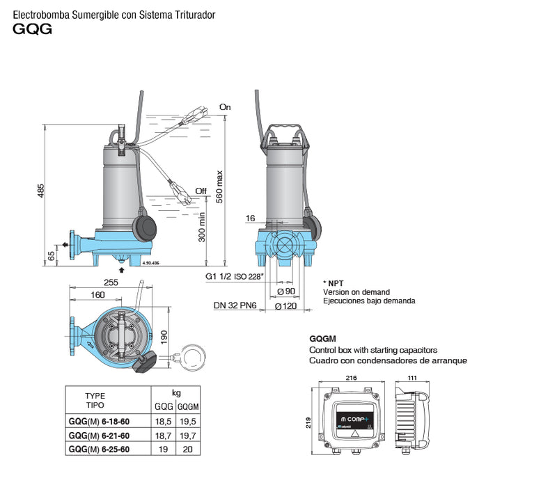 Bomba de Agua Sumergible Trituradora, 1.2-2 Hp, 220V, Calpeda 3