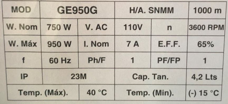 Planta Eléctrica a Gasolina de 950 W, Arvek